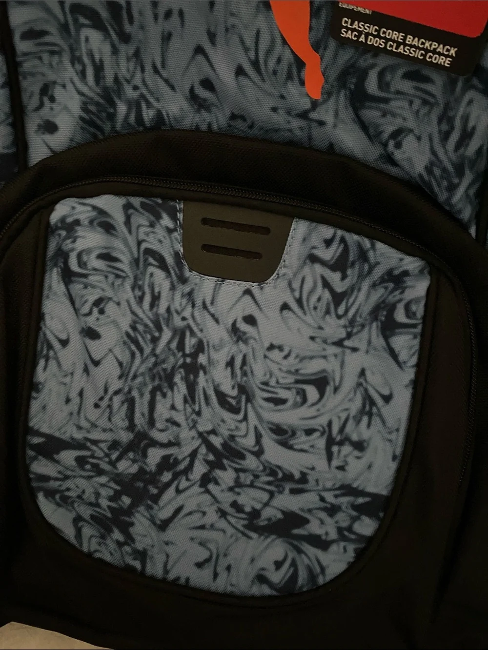 Puma Blue Marble Backpack with Orange Logo and Black Accents